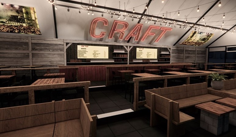CRAFT Beer Market A modern bar interior with wooden tables and benches, a large “CRAFT” sign above the bar, string lights overhead, and menu boards behind. Perfect for group bookings and sampling an impressive selection of craft beers.