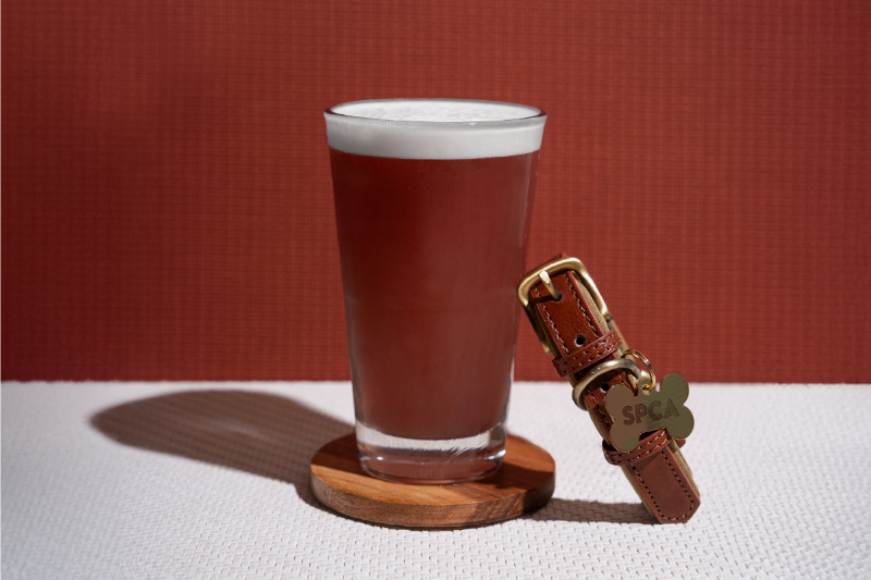 CRAFT Beer Market A glass of craft beer with foam on a wooden coaster sits beside a brown leather dog collar with an SPCA tag, against a red background.