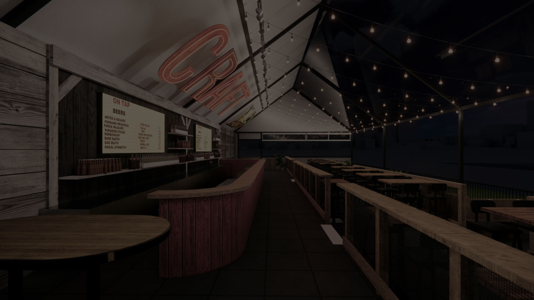 CRAFT Beer Market Outdoor bar area at night with string lights overhead, wooden tables and chairs, a curved bar counter, and a large “CRAFT” sign on the wall—perfect for enjoying craft beers or craft cocktails with friends.