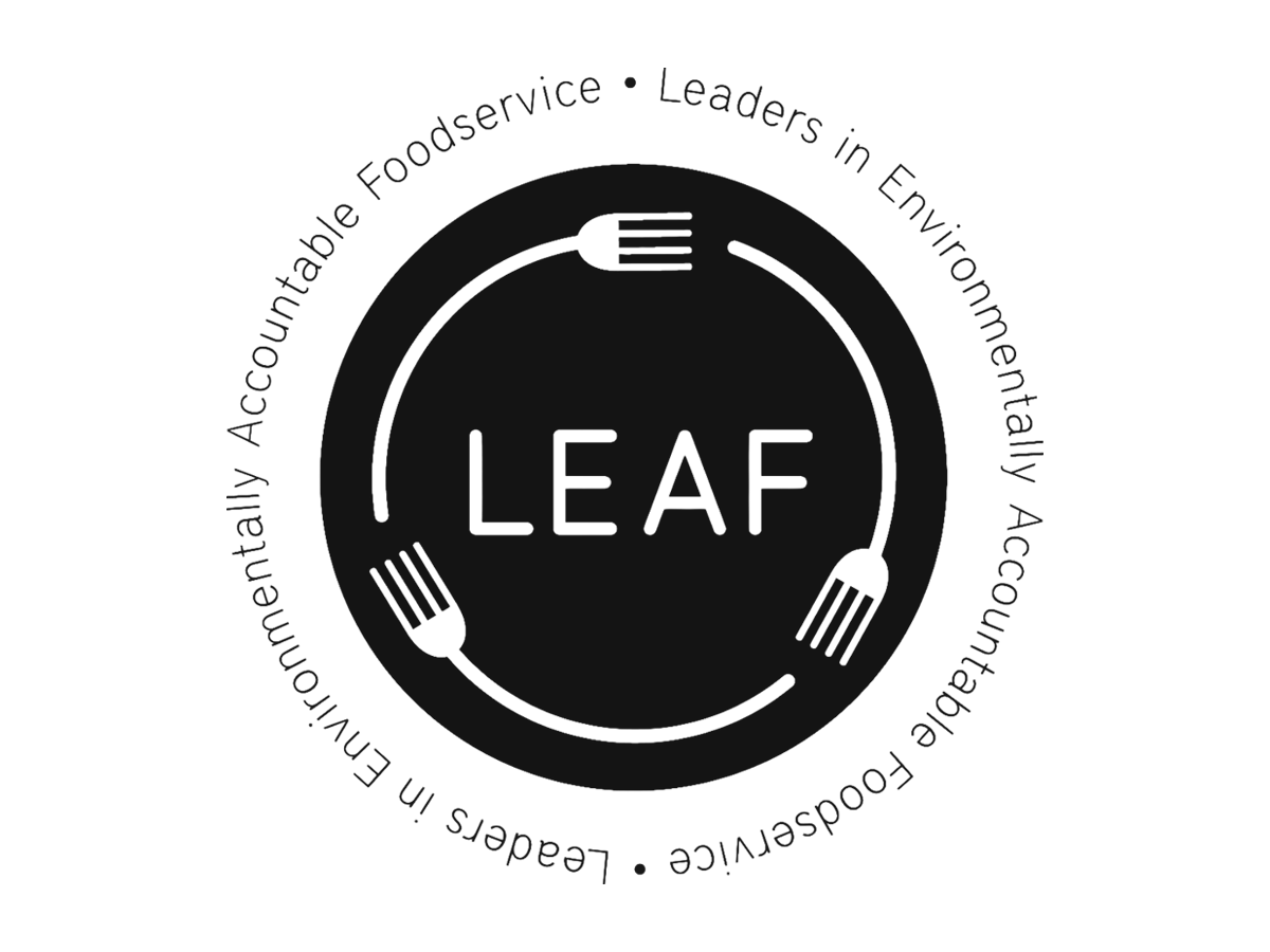 CRAFT Beer Market Circular LEAF logo with three forks forming a circle around the word "LEAF;" surrounding text reads "Leaders in Environmentally Accountable Foodservice." Perfect for group bookings and events featuring craft beers and cocktails.
