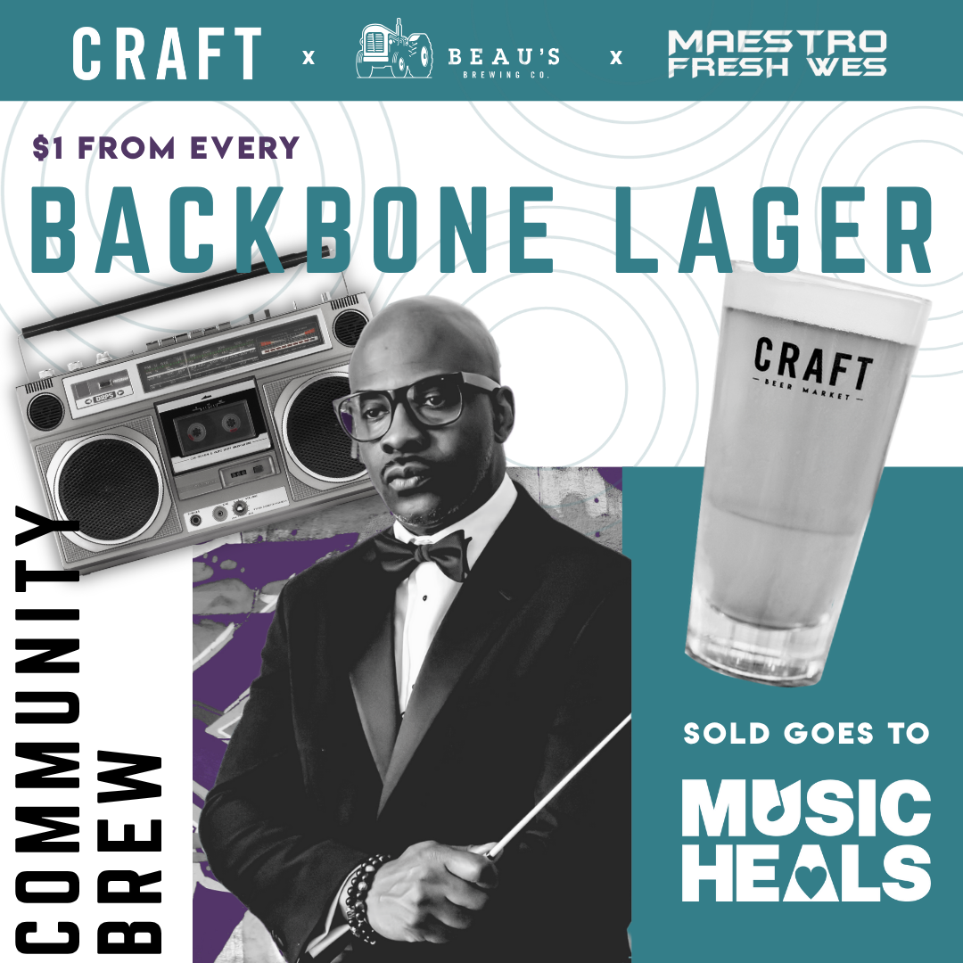 CRAFT Beer Market A man in a tuxedo stands beside a large glass of craft beer and a boombox. Text indicates $1 from each Backbone Lager sold supports Music Heals charity, fueling good times and social vibes.