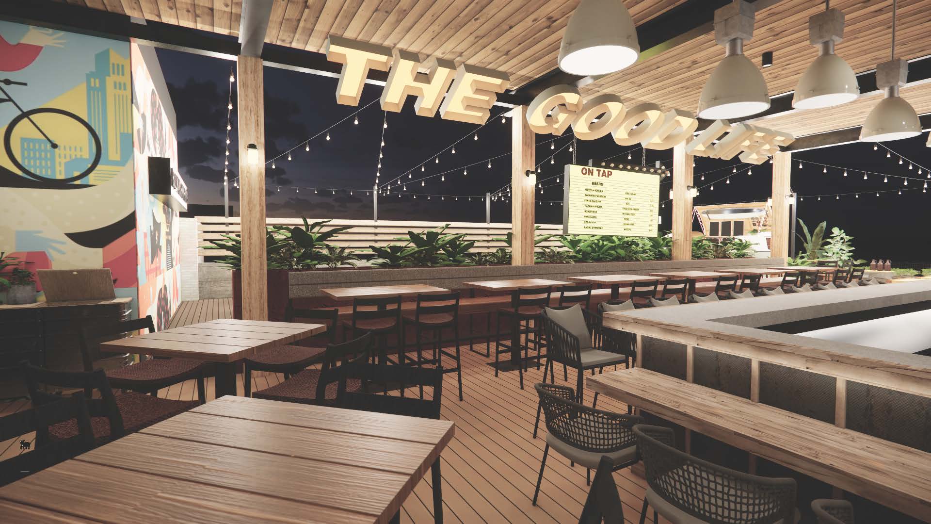 CRAFT Beer Market Rooftop bar with wooden tables and chairs, string lights, a large THE GOODLIFE sign, and a menu board illuminated at night—perfect for private events or group bookings.